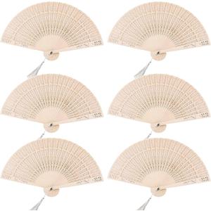 6 PCS Wooden Folding Fans Handheld Vintage Wood Hand Fan Foldable Chinese Sandalwood Fans with Tassels for Women Wedding Favors Baby Shower Party Gift