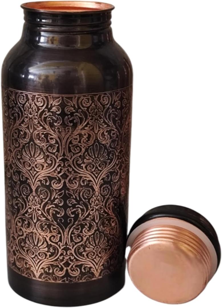 Embossed Copper Water Bottle 17 Oz with Lid, Ayurvedic Water Bottle, Water Vessel - Small -Leak Proof - Antique Finish