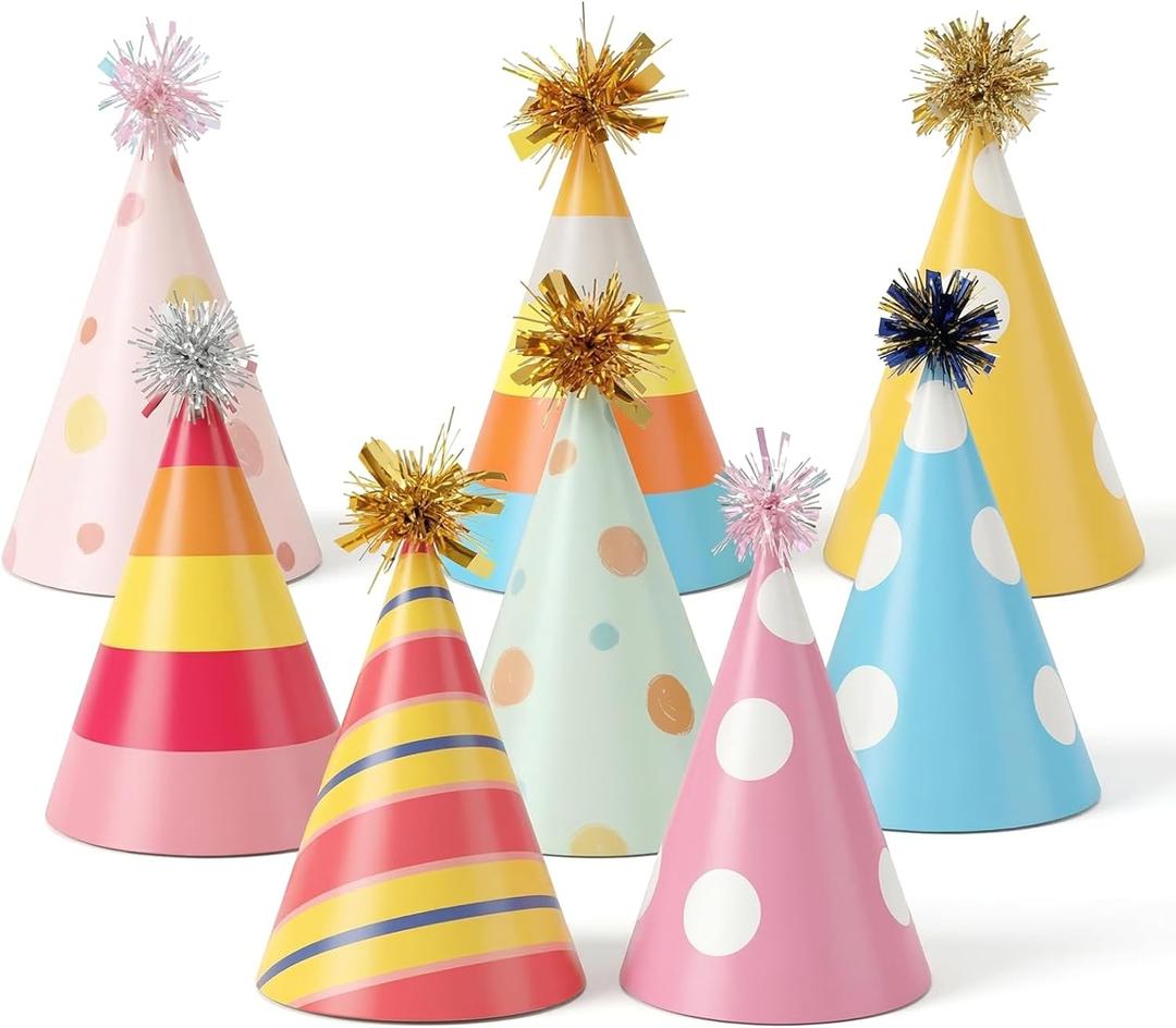 8Pcs Mini Birthday Hats for Stuffed Animal, Colorful Cute Dog Party Hats with Glitter Pompoms Adjustable Mini Cat Paper Party Hat Cone-Shaped Celebration Headwear for Kittens Rabbits Small Animals