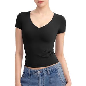 PUMIEY Women's V Neck Short Sleeve T Shirts Slim Fit Going Out Tops Sexy Basic Tee Sharp Collection Size M