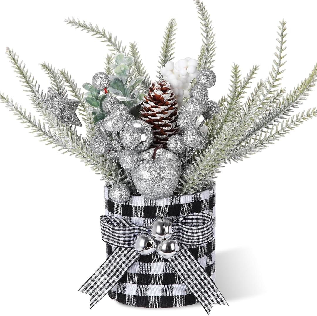 Valentines Day Decorations Valentine's Day Table Centerpieces Buffalo Check Plaid Artificial Tree Decor with Pine Cone Berry Gifts for Festival Winter Party Indoor Home Office Decor(Silver)