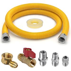 Gas Dryer Connector Kit - 24” Yellow Coated Stainless Steel Flexible Gas Line Hose with Shut-off Valve, Fittings and 90 Degree Elbow for Propane Heater, Gas Dryer, Stove and Cooktop