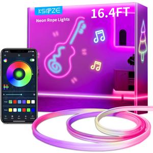 KSIPZE LED Neon Rope Lights,Flexible Rope Lights App Control with Music Sync,DIY Design,Outdoor Waterproof LED Strip Lights for Gaming, Bedroom Living Room Wall Indoor Decor (16.4ft)