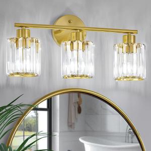 Crystal Bathroom Light Fixtures, Bathroom Lighting Fixtures Over Mirror, Modern 3-Light Gold Vanity Lights for Mirror, Restroom, Kitchen(Ceramic E26 Socket,Bulbs Not Include)