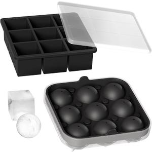 Wanderworld Ice Tray Combo, Silicone Reusable 2 inch Big Ice Freezer Mold, 9 Cubes& 9 Sphere Ice Maker tray with lid for Whiskey, 2 pack.