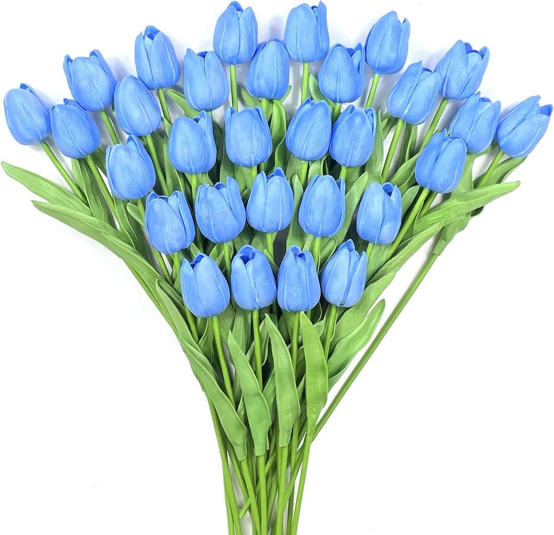 30 PCS Artificial Tulips Real Touch Tulips 13.5inch Long Stem Fake Flowers Silk Flowers for Spring Easter Mother's Day DecorationsLight Blue