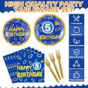 96 Pcs Cartoon Blue With Gold Ring 5th Birthday Party Supplies Gold Ring Birthday Party Plates Disposable Cartoon Theme Paper Tableware Set for 5 Years Old, Serves 24