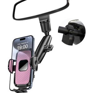 Rear View Mirror Phone Holder, 360 Rotating Car Phone Holder Mount Compatible with All 4-7 Inch iPhone and Android Cell Phones (Pink)