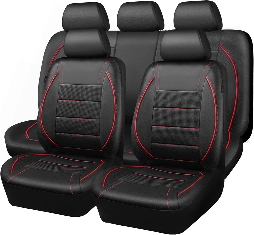 CAR PASS Universal FIT Piping Leather Car Seat Cover, for SUVs, Van, Trucks, Airbag Compatible ,Inside Zipper Design and Reserved Opening Holes (Full Set, Black and Red)