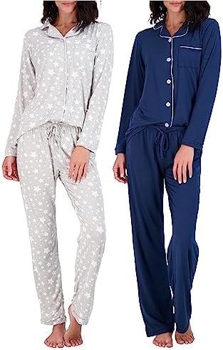 Real Essentials 2 Pack: Women's Pajamas Set Button Down Pants Soft Matching Sleepwear S XL