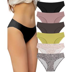 FINETOO 6 Pack Womens Seamless Hipster Underwear No Show Panties Invisibles Briefs Soft Stretch Bikini Underwears XS (Color 1)