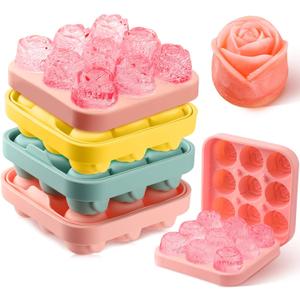 Censen 4 Pcs Silicone Rose Ice Cube Mold with Covers Fun Shapes Flower Ice Cube Mold Trays Maker 9 Cavity Easy Release Form for Whiskey Bourbon Cocktails Wine Coffee Juices and More (Fresh Color)