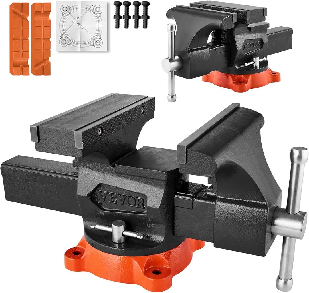 VEVOR Bench Vise, 8" Jaw Width, 8" Max Jaw Opening Multipurpose Vise with 360 Swivel Locking Base, 3.7" Throat Depth, Heavy Duty Ductile Iron Workbench Vise, Two-Way Jaws for Clamping Round Pipes