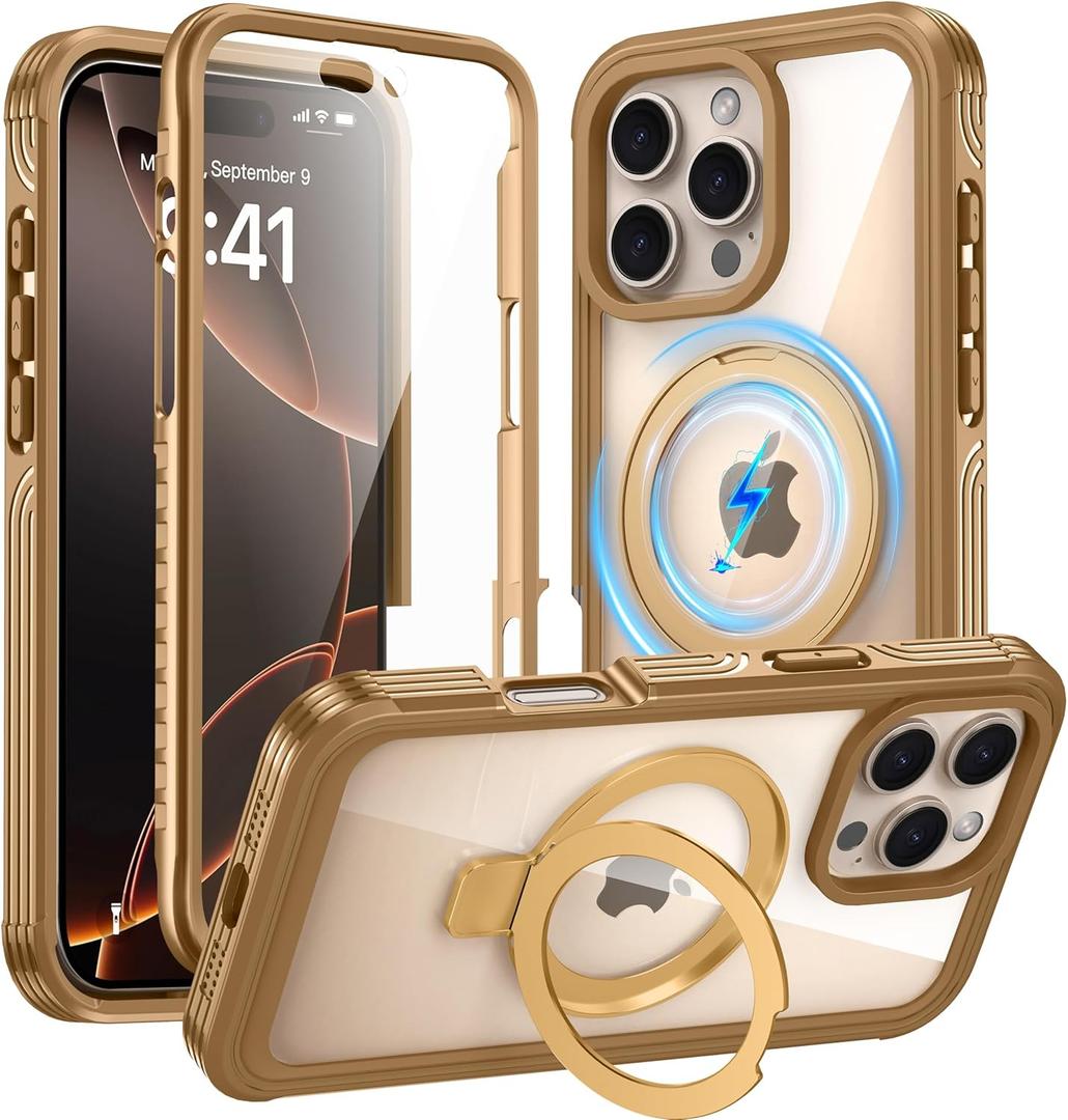 GUSTAVE Magnetic Stand for iPhone 16 Pro Max Case [Fit for Magsafe] [Built-in 9H Tempered Glass Screen Protector] Full-Body Shockproof Military-Grade Protective Case Rose Gold