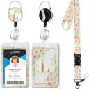 Letter L Lanyards for ID Badges,Floral Badge Holder with Lanyard Badge Reel Retractable Keychain ID Name Tag Work Badge Clip for Teacher Women Work Office