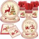 144Pcs Christmas Vintage Tableware Set Serve 24,Christmas Reindeer Party Plates and Napkins Winter Holiday Birthday Party Supplies Vintage Santa Claus Reindeer Decoration for Xmas New Year Party
