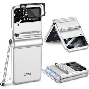 for Samsung Galaxy Z Flip 4 Case,with Stylus Fashion Business Phone case,with Hinge Protection Device and Camera Screen Protector,Case for Samsung Z Flip 4 2022 (White)