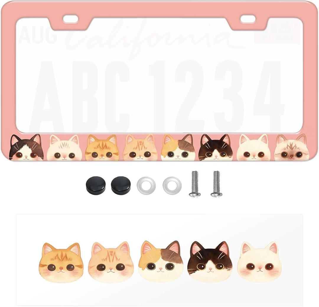 Cute Cat License Plate Frame - 1 Pack Kawaii Kitten Pet Lover Rust-Proof Aluminum Car Tag Holder - Watercolor Animal Art Decorative Plate Cover for Women Cat Mom Includes Sticker