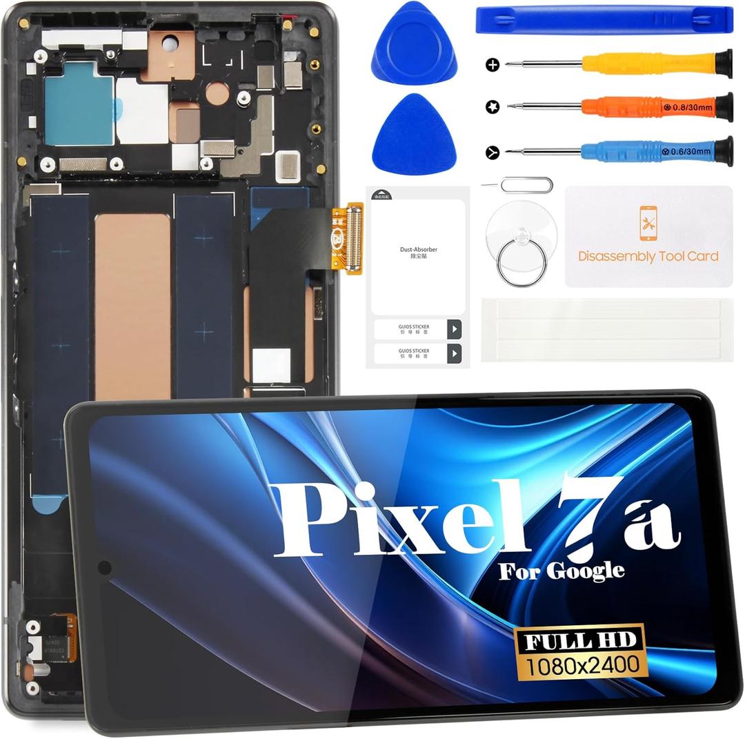 for Google Pixel 7a Screen Replacement 6.1 Inch  LCD Display + Digitizer Assembly with Frame, Repair Kit Included, Fingerprint Function Ready (GWKK3/GHL1X/G0DZQ/G82U8)  Black