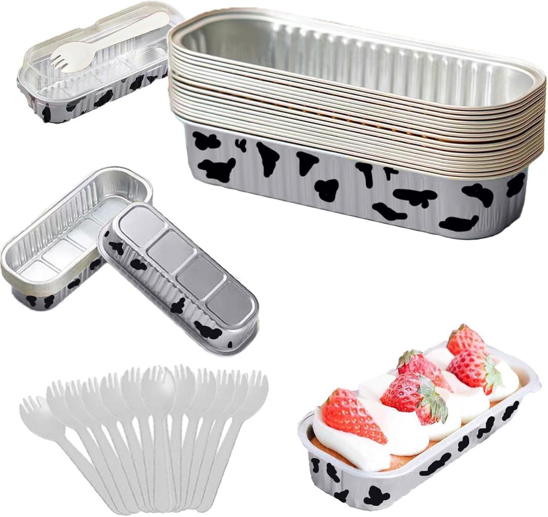12Pack Mini Loaf Pans with Lids and Spoons, 6.8oz Disposable Rectangle Aluminum Foil Oven Cake Container, Baking Bread Muffin Dessert Tins for Family Gatherings and Picnics (White)