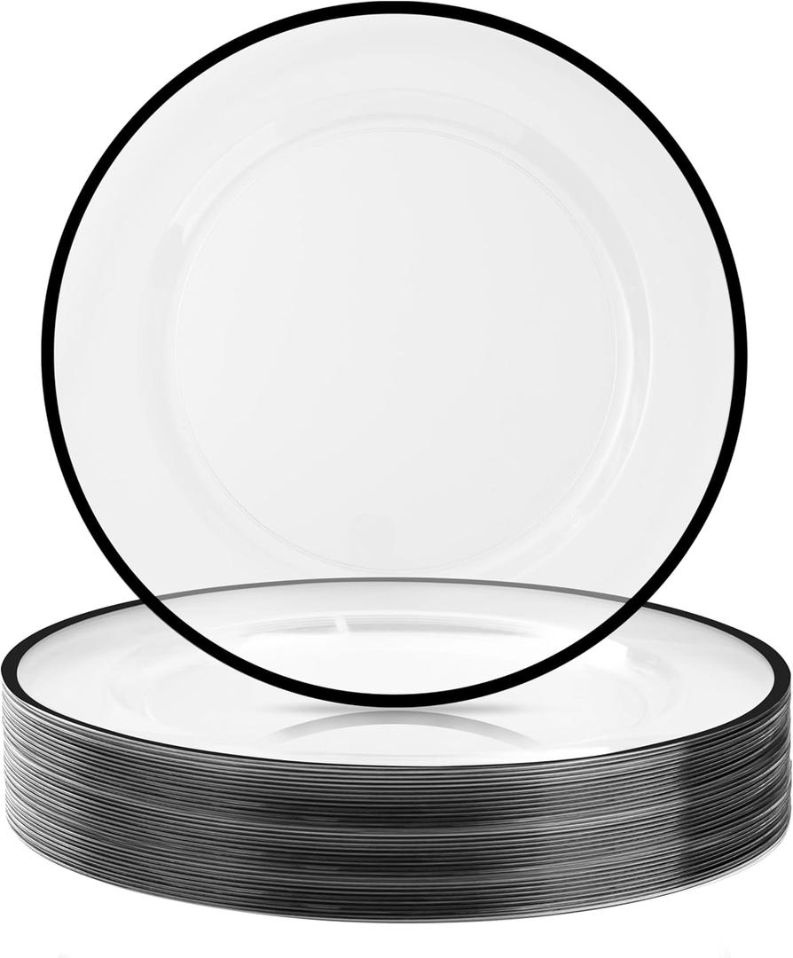 12 Inch Disposable Charger Plates, 50 Pack Plastic Clear Plates with Black Rim, Perfect Table Decor for Party, Wedding, Dinner
