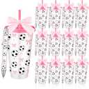 Ferrochef 24 Pcs Sport Party Favor Include 24 oz Reusable Plastic Cups with Lid Straw Pink Bow Ballpoint Pen Tumbler for Team Birthday Party Decor Senior Night Gift Gender Reveal