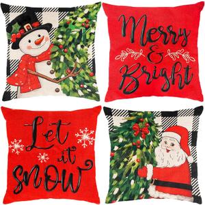 Christmas Pillow Covers 18x18 inch Set of 4, Christmas Decorations Snowman Santa Elk Sleigh Truck Plaid Winter Holiday Decor, Merry Christmas Throw Cushion Cases for Sofa Couch Living Room Home Decor (Red Black)