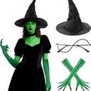 Witch Costume Set Womens Wicked Witch Hat Green Claw Gloves Glasses Socks Halloween Costume Cosplay Accessories (3pcs)
