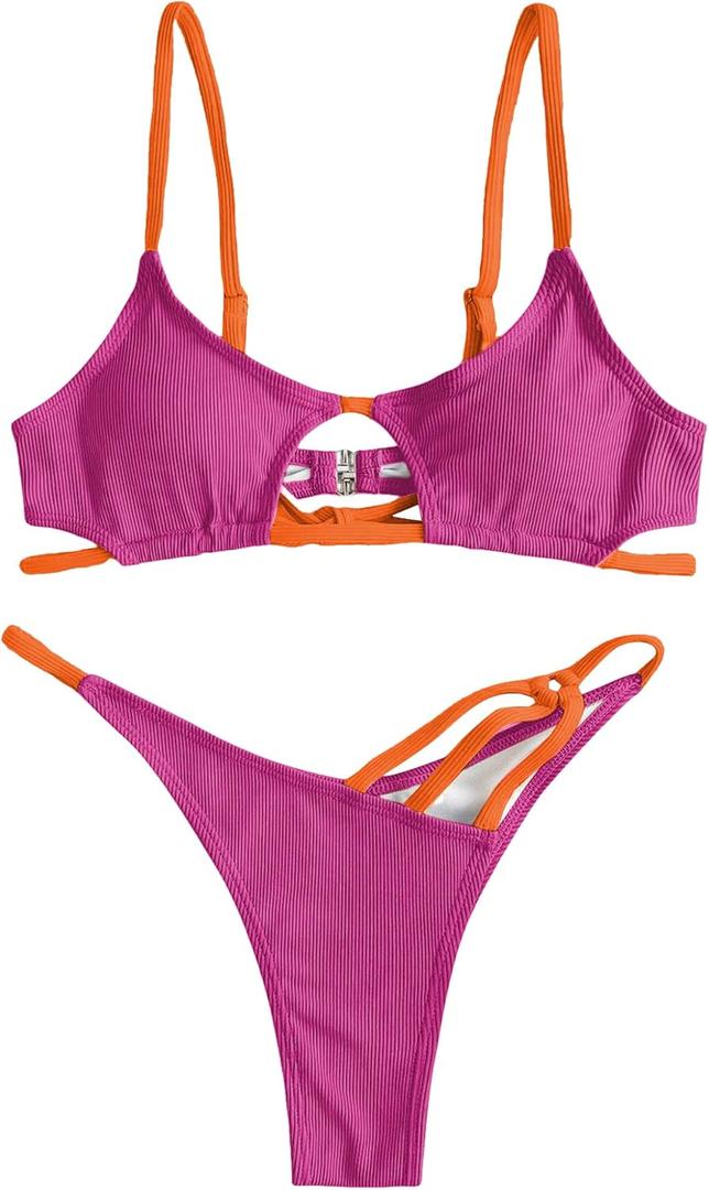 ZAFUL Women's Sexy Cutout Bikini Thong Bikini Set Color Block Swimsuit Tie Back Two Piece Swimsuit Bathing Suit (2-Rose, S)
