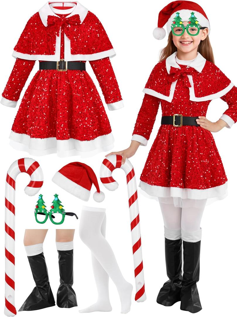 RUODON Kids Santa Costume, Christmas Girls Santa Dress Set with Hat Glasses Cape Belt Cane Socks Boot Covers (12-14 Years)