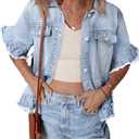 Sidefeel Denim Jackets for Women Trendy Casual Short Sleeve Button Down Washed Ruffle Jean Jackets Iceland Blue S