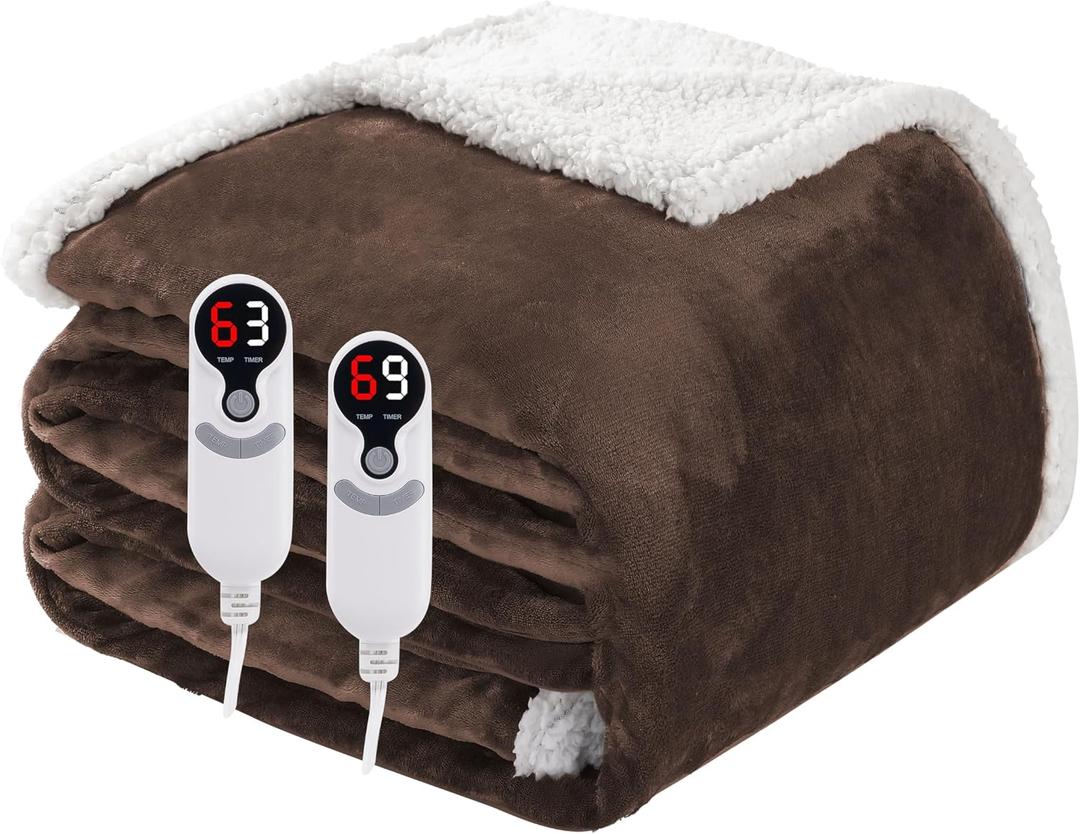 Electric Heated Blanket Queen Size 84"x90", Soft Flannel with Dual Controllers & Overheat Protection, 9 Adjustable Heat Settings & 10-Hour Auto-Off Timer, Fast Heating, for Bedroom & Bed, Dark Brown