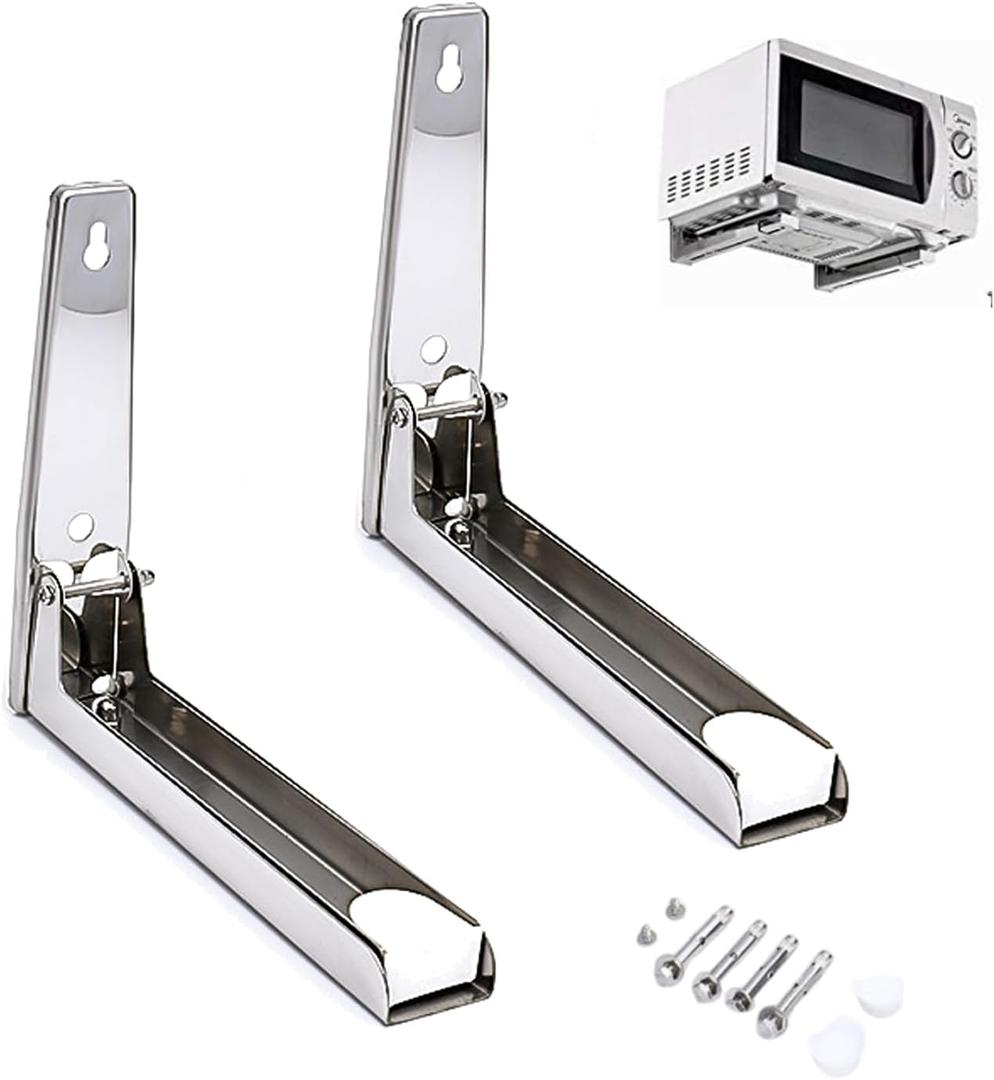 Universal Stainless Steel Microwave Mount Bracket Microwave Shelf Wall Mount, Foldable Stretch Design, Mounting Kit Included, Easy Install Holder for Kitchen Storage Organization