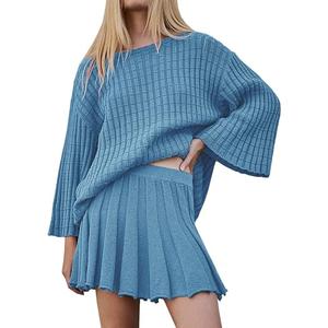 Tiko Miko Sweater Set 2 Piece Skirt Sets for Women Two Piece Outfits Casual Loose Knit Pullover Mini Skirt(0581-Blue-XL)