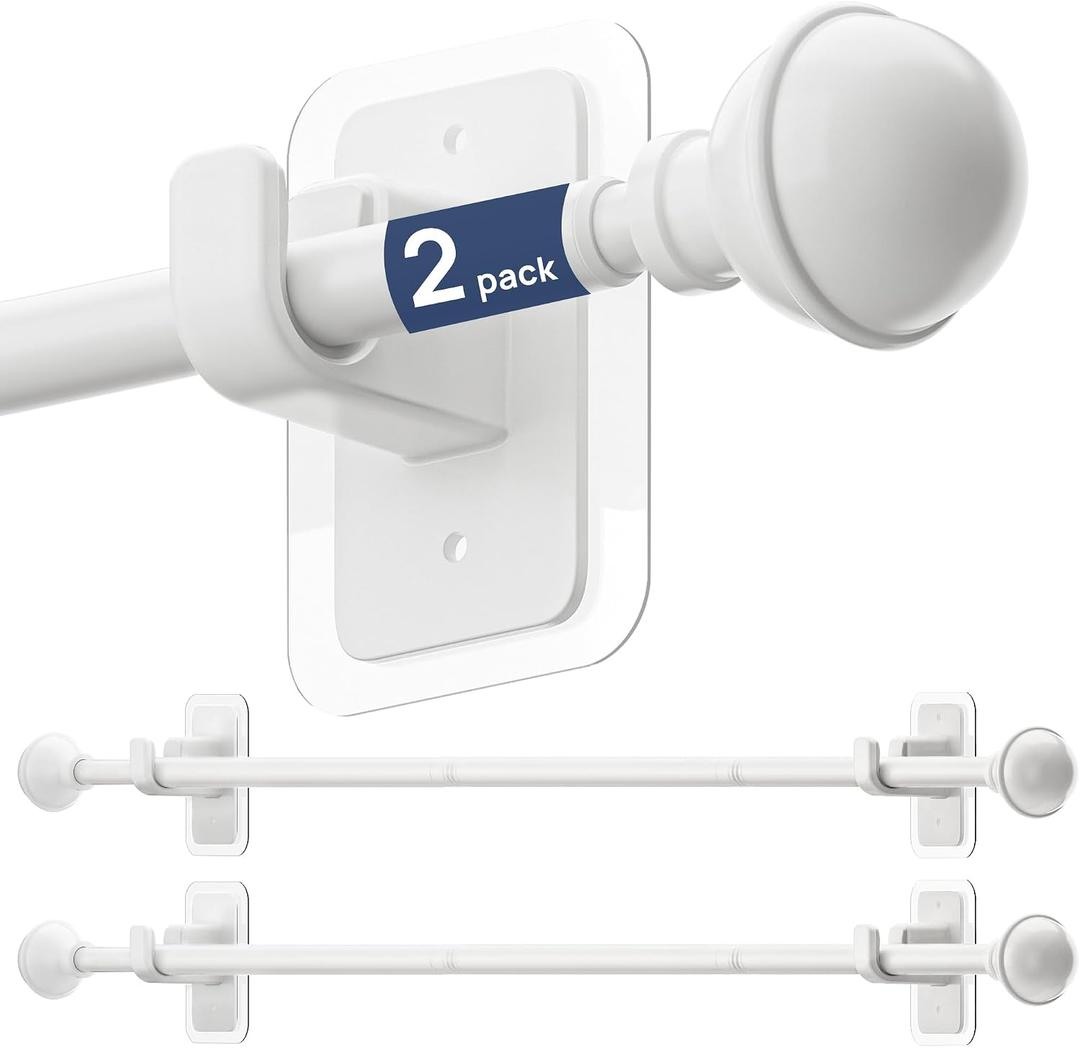 ENJOYBASICS 2 Pack No Drill Curtain Rods for Window 28 to 48 Inches, 5/8 Inch Diameter Renter Friendly Drapery Rod with Adhesive Brackets without Drilling, Adjustable from 27 to 52 Inches, White