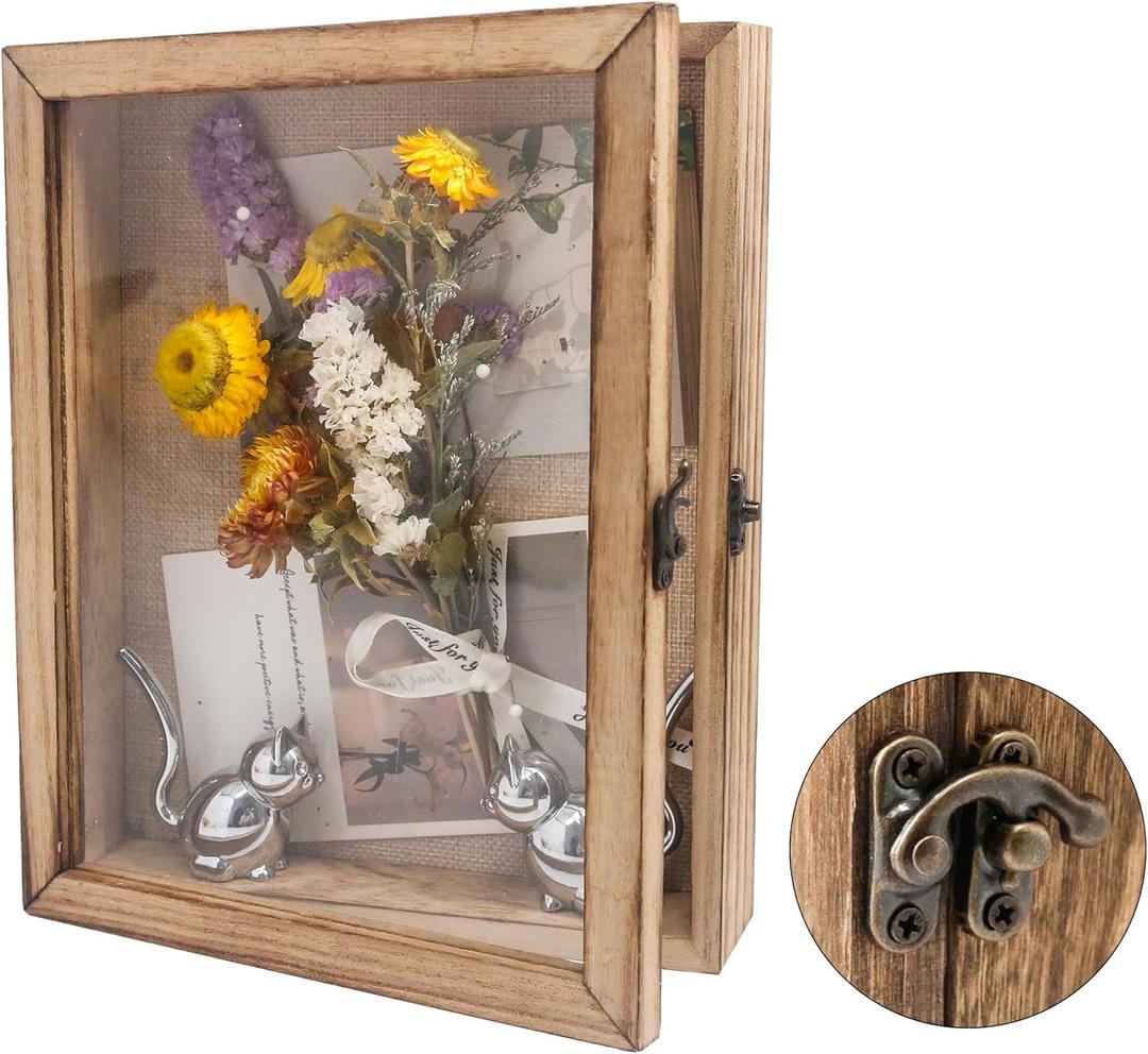 8x10 Shadow Box Frame in Wood Color with Linen Back - Shadow Box Frame with Paulownia Wood and Real Glass Cover for Wall or Tabletop Display