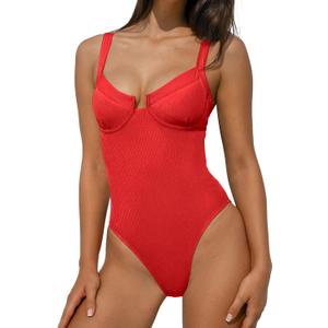 BERLOOK One Piece Swimsuit Women Tummy Control Ribbed Retro Bathing Suits Contrast Trim Knotted Sexy Slimming Swimwear (Red, M)