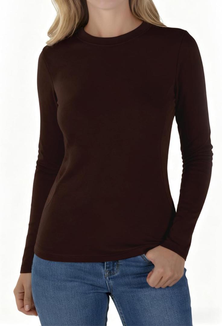 Womens Long Sleeve Thermal Shirts, 2025 Fall Winter Crew Neck Shirt for Women, Stretch Basic Tight Long Sleeve Underwear Tops (Small, Coffee)