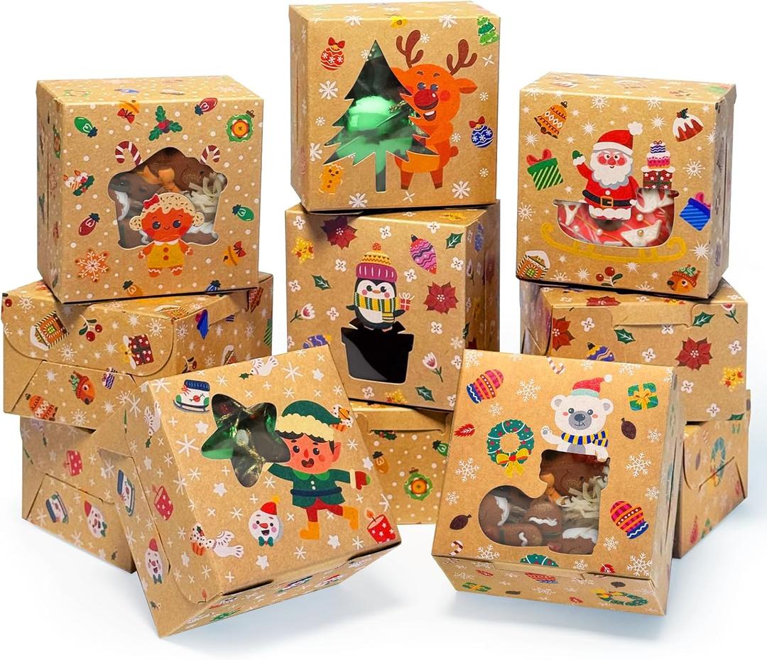 qiqee Christmas Shoes Bakery Boxes with Window 60pcs 4x4x2.5 Mini Cookie Boxes Macaron Boxes Small Donut Pastry Boxes for Christmas