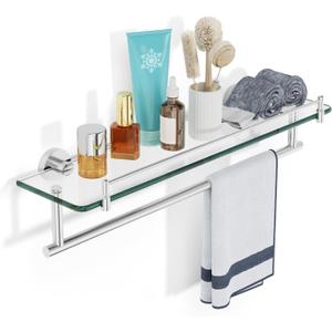 20-Inch Tempered Glass Bathroom Shelf with Towel Bar - Brushed Nickel & Stainless Steel, Wall Mount Rustproof Tower Holder with Shelves, 20-inch with Railing