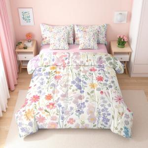 Erosebridal 7 Piece Colorful Floral Full Comforter Set with Sheets,Purple Pink Cute Boho Flower Bedding Set for Kids Girls Women,Funky Watercolor Wildflower Bed in a Bag with Pillowcases & Shams