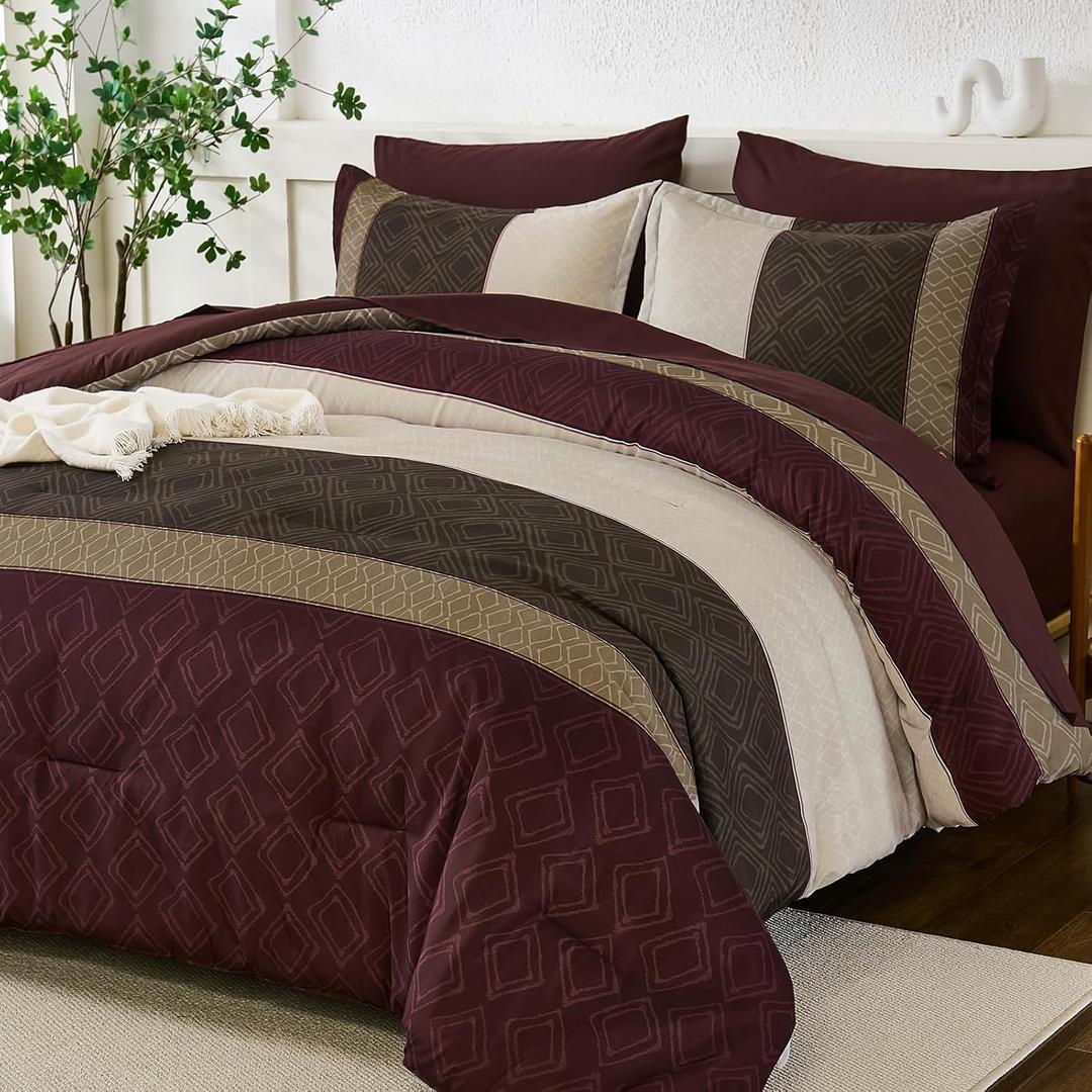 Dinjoy Boho Queen Comforter Set Burgundy,7 Piece Bed in a Bag Queen Size Warm Striped Dark Red Bedding Sets Plaid Fall Comforters Set with Sheets for Family All Season