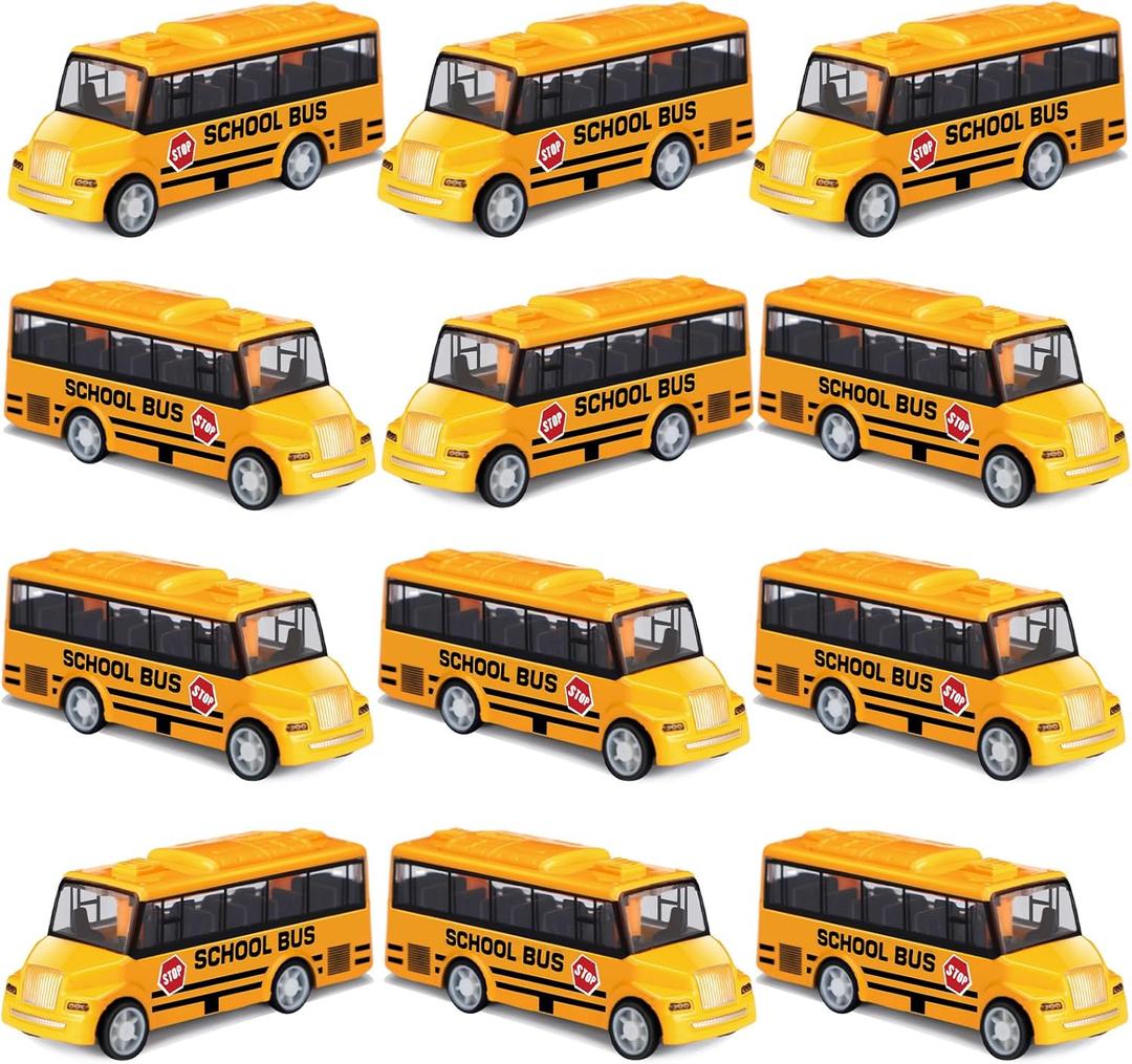 RoundFunny 12 Pcs Mini Yellow School Bus Toys for Toddlers Back to School 3.7 in Small Bus Toy for Preschool Kindergarten Kids Birthday Gift 3 4 5 Year Old and up Girls Boys