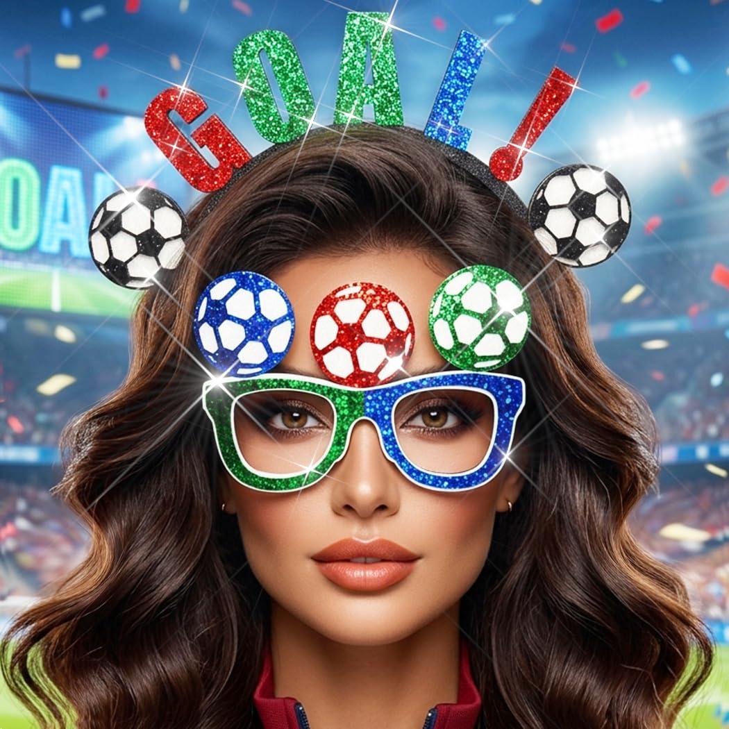 2 x BODIY Soccer Headband Set Football Fan Headbands Sport Party Glasses Patriotic Hair Accessories Sets Glitter Game Head Band for women (Goal)