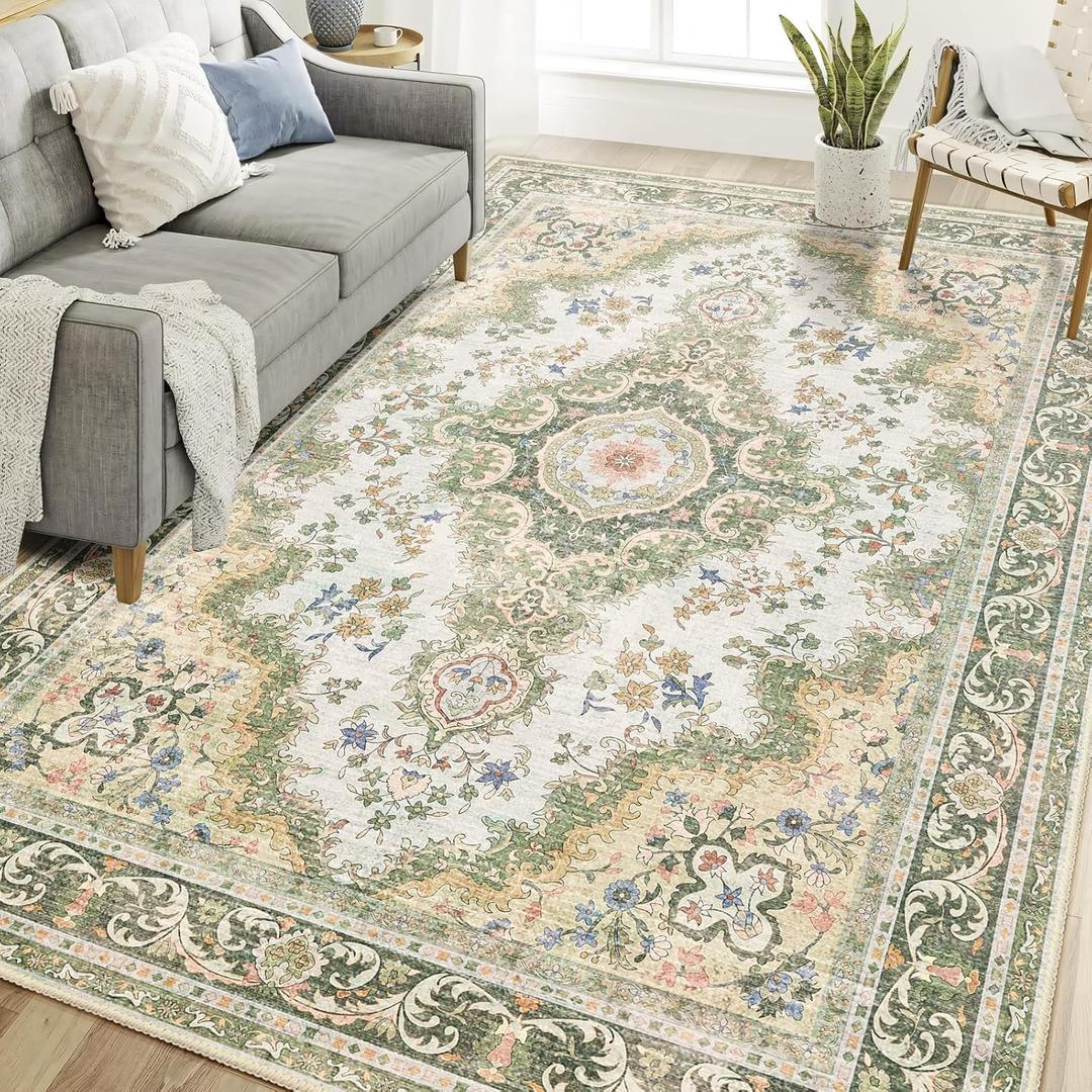 6'x9' Area Rugs Washable, Green Rug for Living Room Bedroom, Large Boho Vintage Bohemian Distressed Oriental Carpet Non Slip, Sage Floral