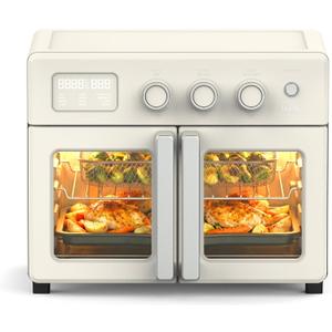 Martha Stewart French Door Air Fryer Toaster Oven Combo, 34QT Countertop Convection, 12-in-1, Bake, Broil, Roast, Fits 12” Pizza, Dehydrate, 5 Accessories, Air Fry Basket, Stainless Steel, Linen White