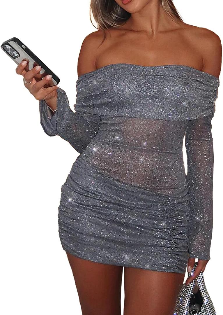 Women Sexy Off Shoulder Bodycon Mini Dress Mesh Sheer Ruched Sparkly Flared Long Sleeve Y2K Dress Club Night Out Dresses (Gray, M)