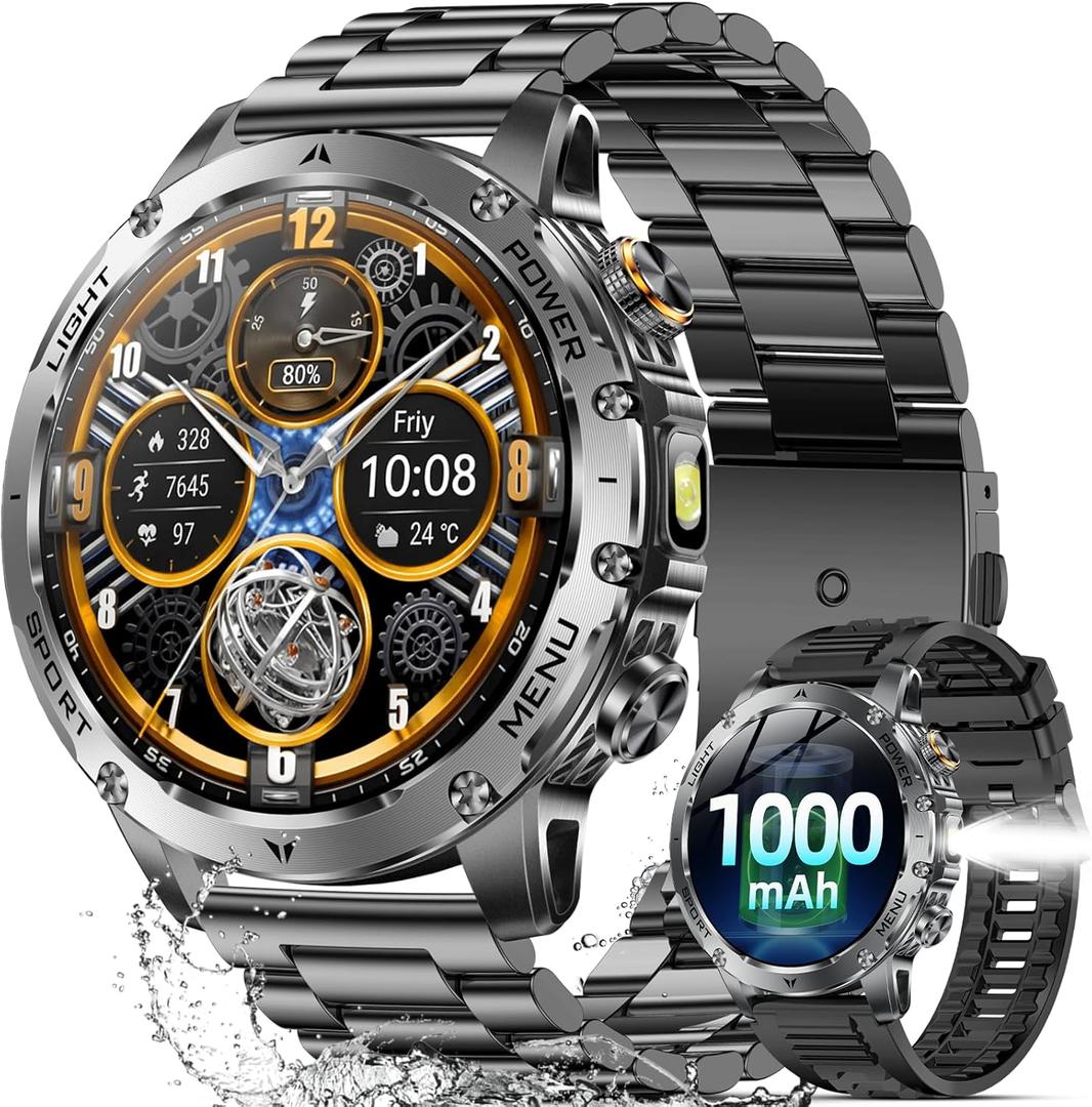 Military Smart Watches for Men, 1.7 Smartwatch with 1000 mAh Battery/Led Flashlight/Heart Rate/Sleep Monitor 100+ Sport Modes, Answer/Make Calls Fitness Watch for Android/iPhone, 2 Bands (Black)