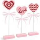 3-Piece Tiered Tray Decor Set, Wooden Heart Table Decor, Pink Valentines Decorations for Home Tables