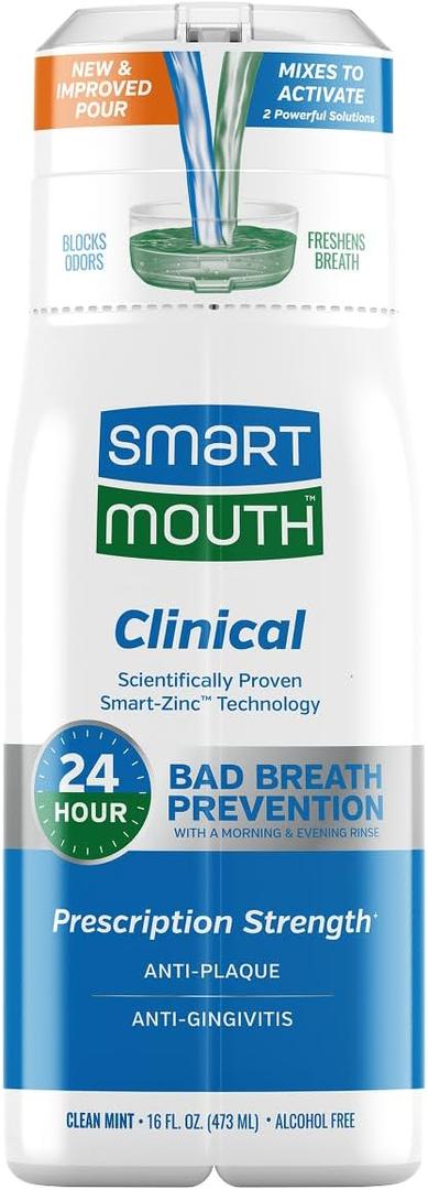 SmartMouth Clinical Zinc Activated Mouthwash - Anti-Plaque & Anti-Gingivitis for Healthy Gum Support - All-Day Fresh Breath - Alcohol-Free, Sugar-Free, & Gluten-Free - Clean Mint - 16 fl oz